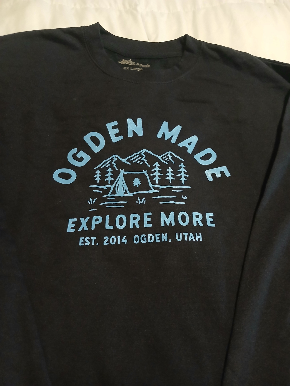 Ogden Made "Explore More" Graphic Sweatshirt in Light Blue on Navy